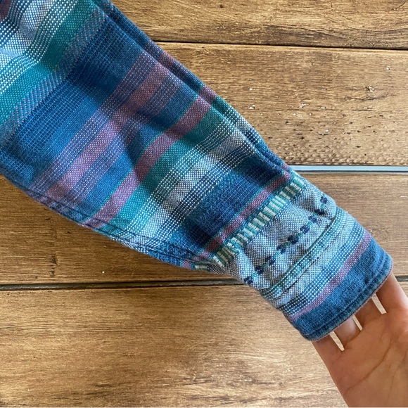 Lemon Grass stripe southwestern Aztec cotton sustainable button down shirt M - Picture 8 of 12